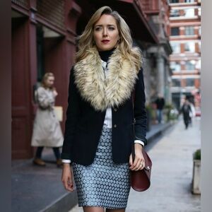 J.McLaughlin A-line Metallic Skirt Navy Silver Honeycomb Pattern 8